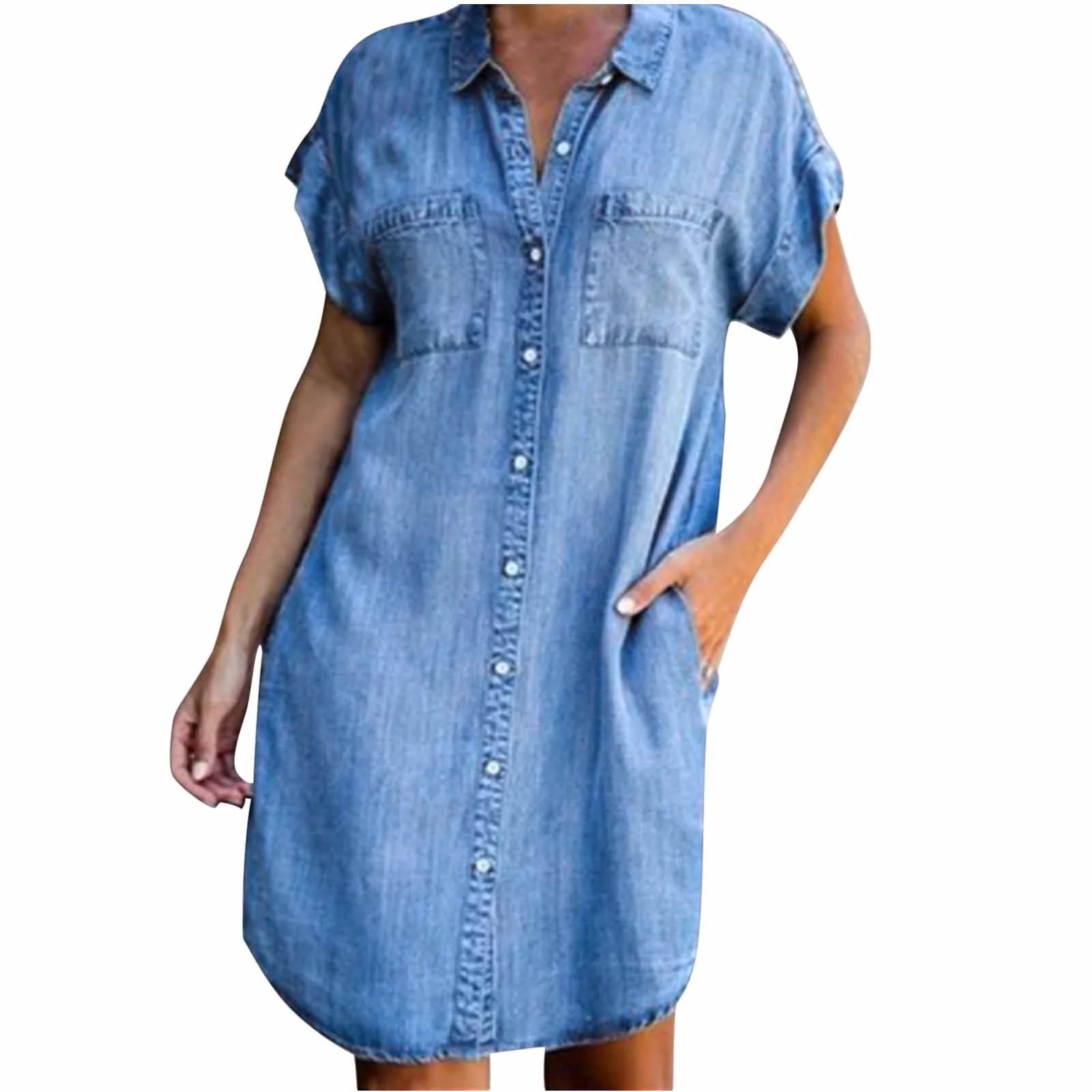 OAVQHLG3B Summer Denim Shirt Dresses for Womens Short Sleeve Loose Jean Midi Dress Button Down Ca... | Walmart (US)