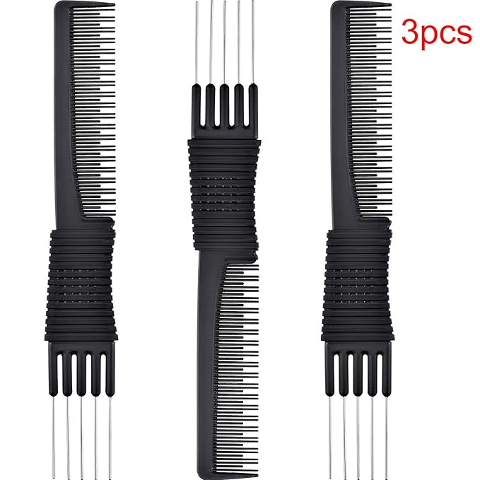 3 Pack Black Carbon Lift Teasing Combs with Metal Prong, Salon Teasing Back Combs, Black Carbon C... | Amazon (US)