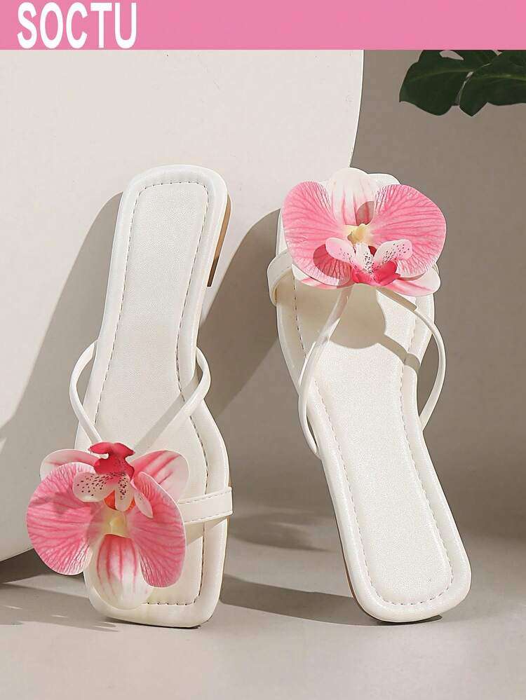 SOCTU Summer New Butterfly Flower Slide Sandals For Women, Beach Slippers, Versatile Square Toe Flat Slippers | SHEIN