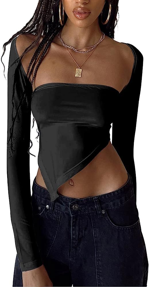 CSDAJIO Women's Long Sleeve Crop Top Solid Bolero Shrug Cover Up Tube Top 2 Pieces Asymmetrical H... | Amazon (US)