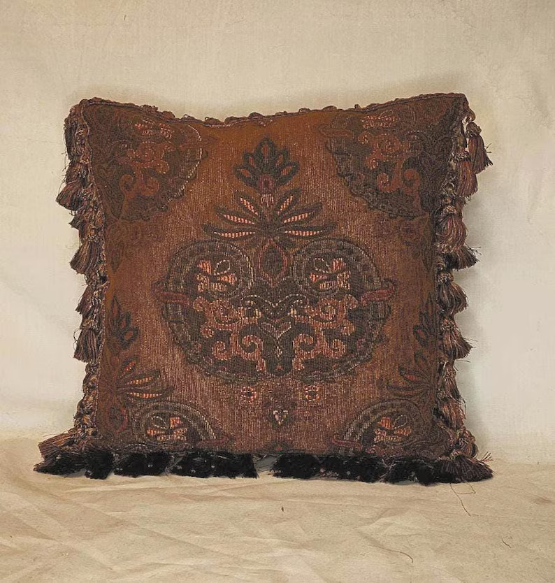 Brown Copper Orange Green Boho Print Decorative Pillow With Tassel Fringe - Etsy | Etsy (US)