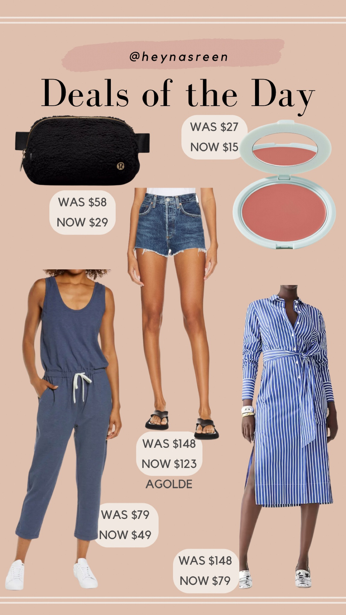 Daily deals on lululemon belt bag, Tarte blush, AGOLDE shorts, J.Crew dress, Zella jumpsuit 

#LTKsalealert