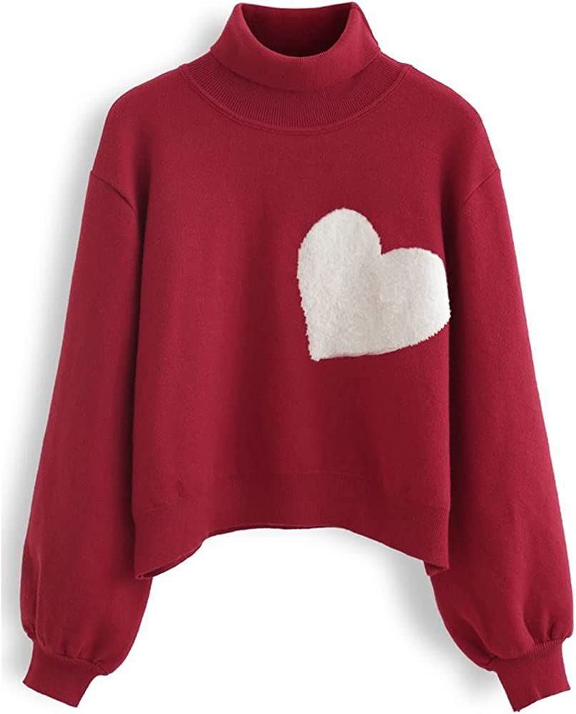 CHICWISH Women's Red Embroidered Heart High Neck Knit Sweater | Amazon (US)