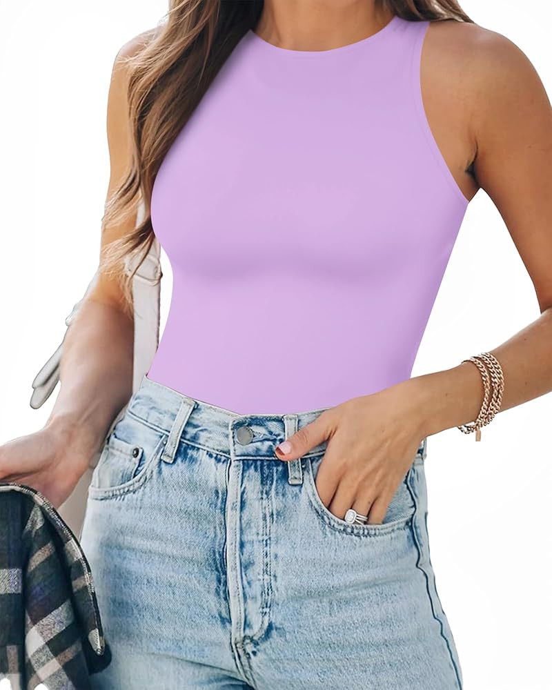MANGOPOP Tank Top Body Suits Women Sexy Crew Neck Racerback Halter Ribbed Sleeveless Bodysuit for... | Amazon (US)
