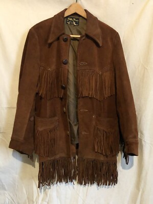 Western Fringe Dark Brown Suede Leather Southwest Jacket Vintage Mens 36 | eBay US
