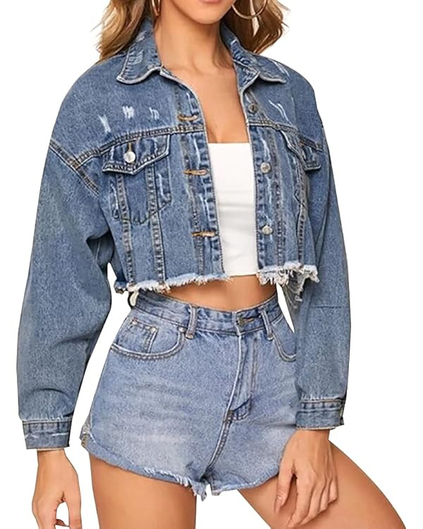 LONGYIDA Women's Cropped Denim Jacket | Distressed Button-Down Jean Jacket | Long Sleeve Ripped &... | Amazon (US)