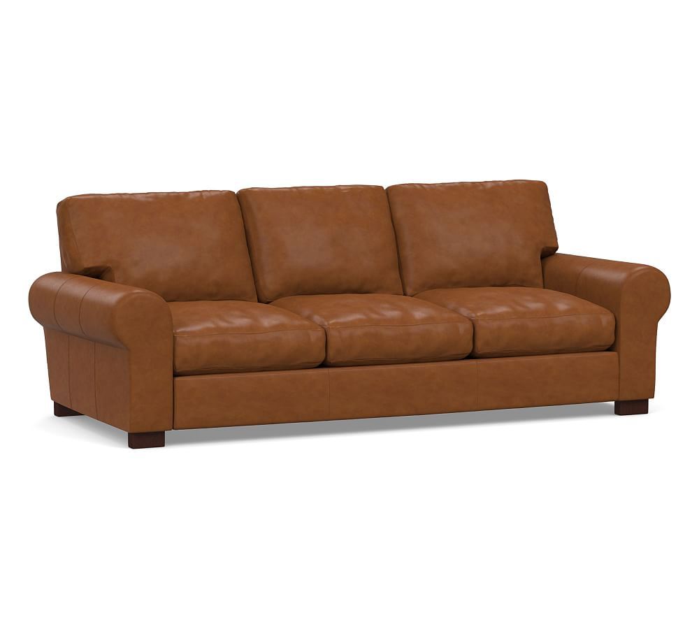 Turner Roll Arm Leather Sofa 3-Seater 91"", Down Blend Wrapped Cushions, Signature Maple | Pottery Barn (US)