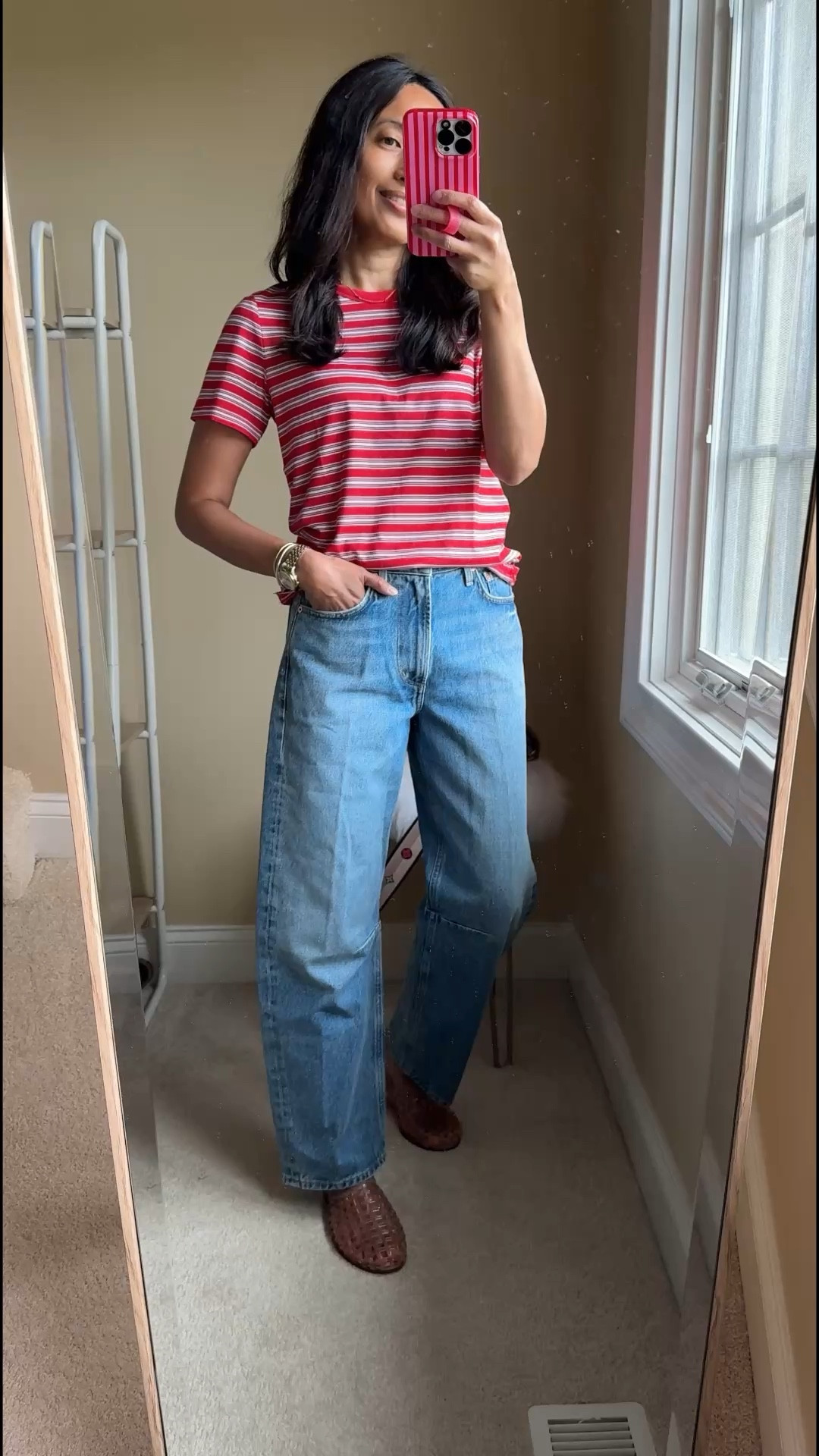 Spring outfits 2026
What I wore today: t-shirt & jeans 
- I am in a t-shirt most days and I needed to add some color and stripes for variety. These lightweight tees are all cotton. Multiple colors and stripe patterns are available. I size up for a more relaxed fit. Currently on sale for $15 each when you buy 3+. 
- Relaxed jeans with a slight barrel cut. 
Exact designer jeans are true to size. Linking similar options. (I have the Madewell jeans too and the style is similar.)
- Jelly mules are comfy out of the box. This color is like a nude blush. Also comes in clear. True to size; look for less at $35. 
- Delicate gold necklace with a pop of color. Linking options. 
- Everyday bangle bracelets. 
- Trendy sunglasses. 


#LTKOver40