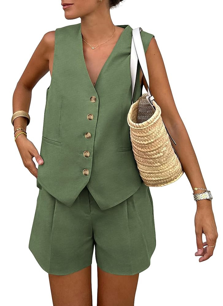 PRETTYGARDEN Women's Summer 2 Piece Outfits Sleeveless Matching Sets Button Down V Neck Vest Wais... | Amazon (US)