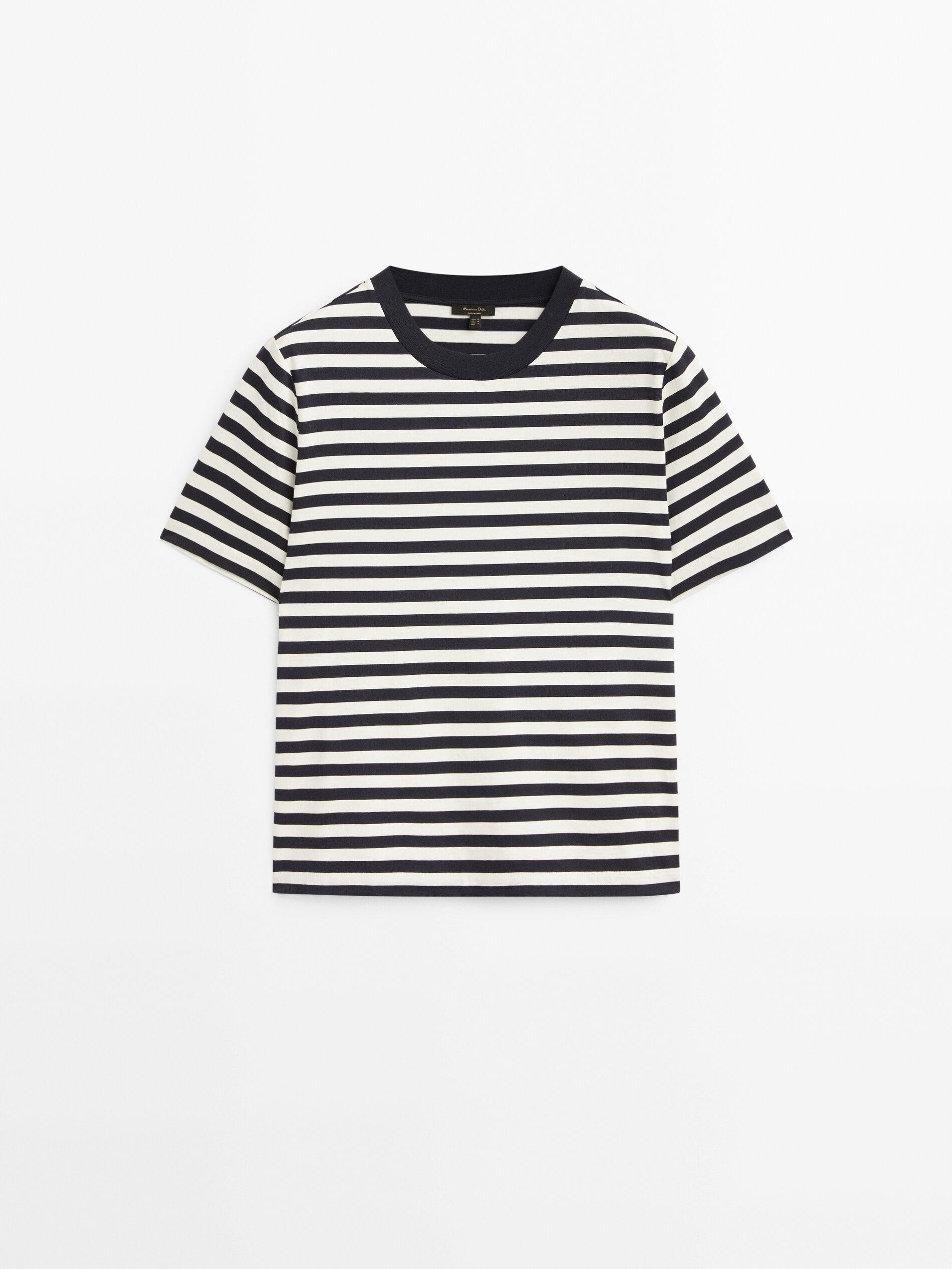 Striped cotton T-shirt with contrast neckline | Massimo Dutti UK