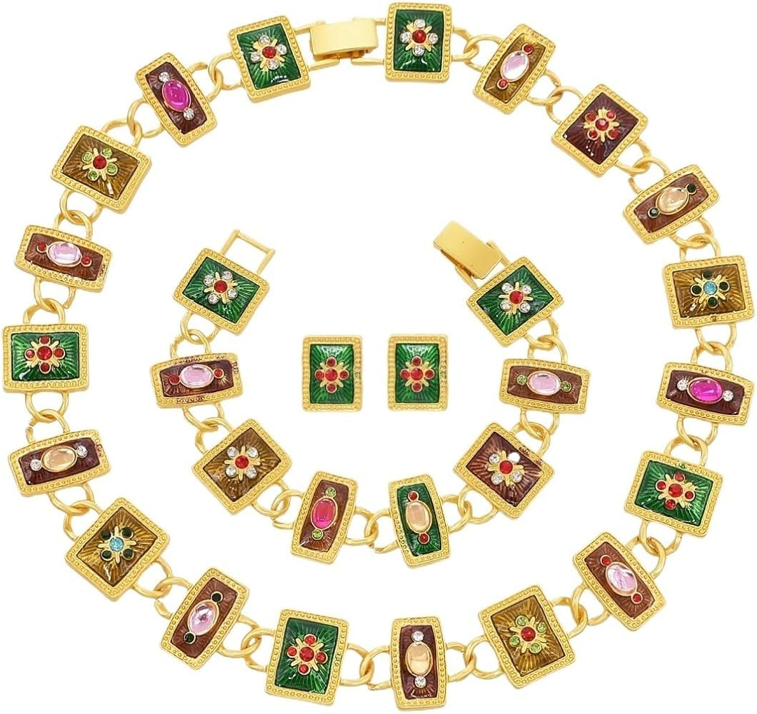 Fashion Gold Rectangular Drop Oil Flower Necklace Bracelet Stud Earrings French Trendy Geometric ... | Amazon (US)