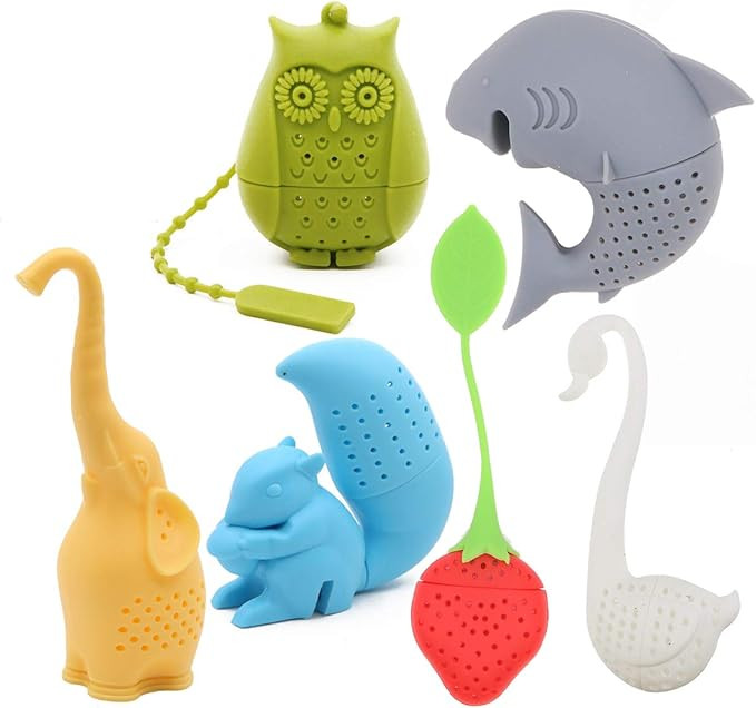 Creative Cute Animal Eco-friendly Silicone Tea Infuser Strainer Set of 6 PCS Elephant Shark Swan Squ | Amazon (US)