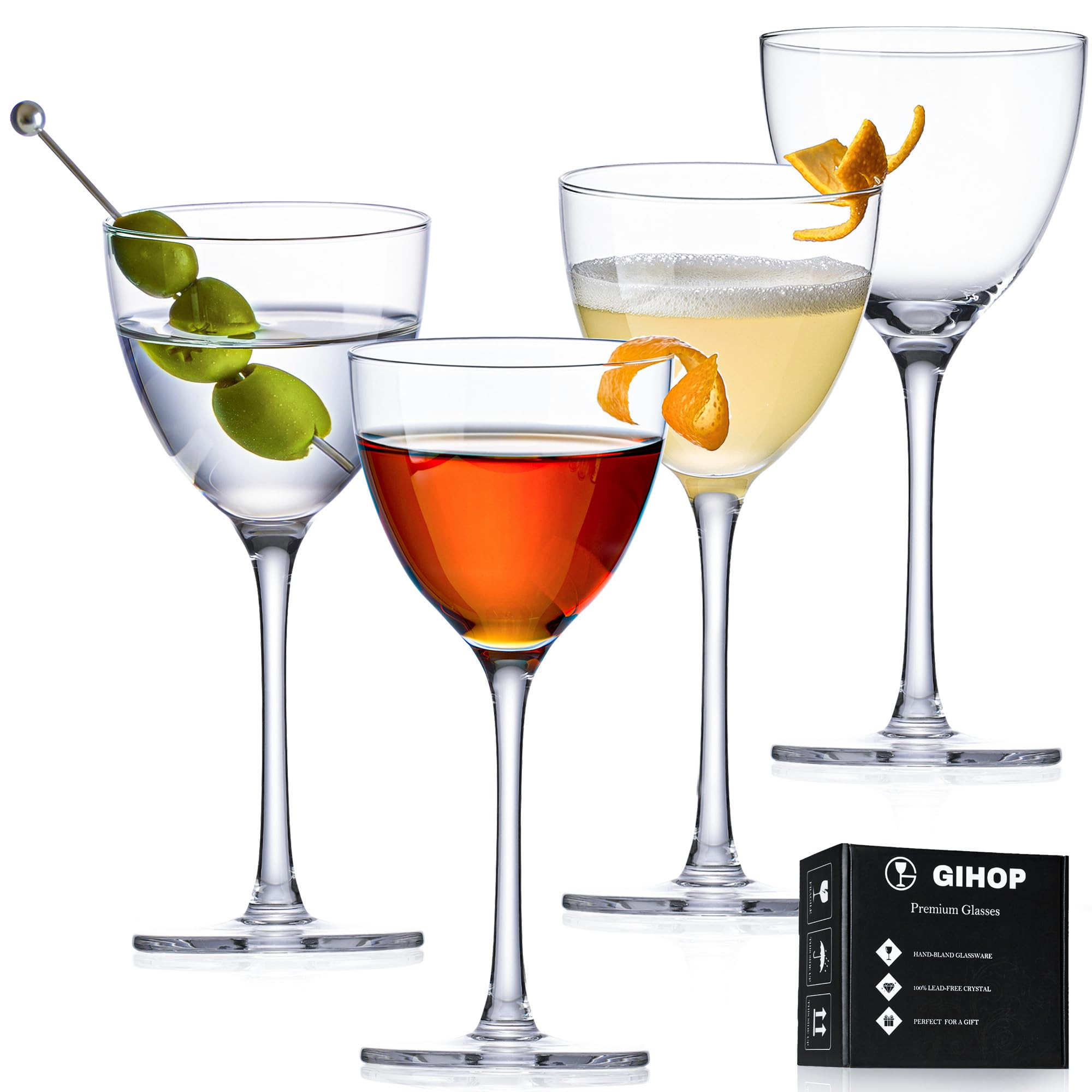 Nick and Nora Cocktail Glasses, 5.8Oz Hand Blown Martini Glasses Set of 4, 100% Lead-Free Crystal... | Amazon (US)
