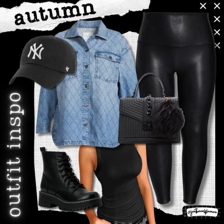 Autumn outfit inspiration, Yankees, baseball hat, faux leather leggings, edgy boots, handbag, purse, shacket, denim, jean, faux leather leggings 

#LTKSeasonal #LTKstyletip #LTKfindsunder100