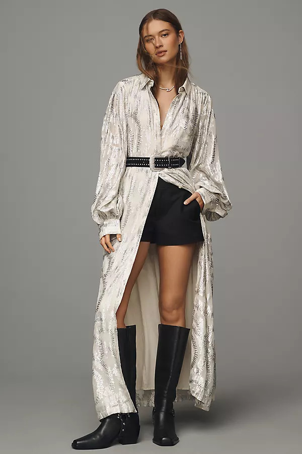 Long-Sleeve Lurex Maxi Shirt Dress | Anthropologie (US)