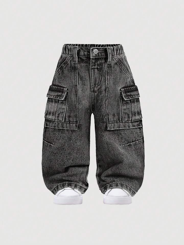 SHEIN Baby Boys'Trendy Stonewashed Retro Cargo Pocket Split Design Loose Fit Black Denim Jeans,Casual And Versatile For Baby Boys Indoor/Outdoor Fall/Winter Clothes | SHEIN