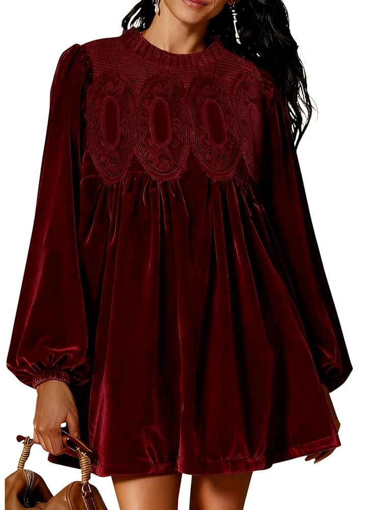 Womens A-Line Velvet Lace Overall Pleated Swing Babydoll Casual Skirtall Scallop Neck Flared Wedd... | Amazon (US)