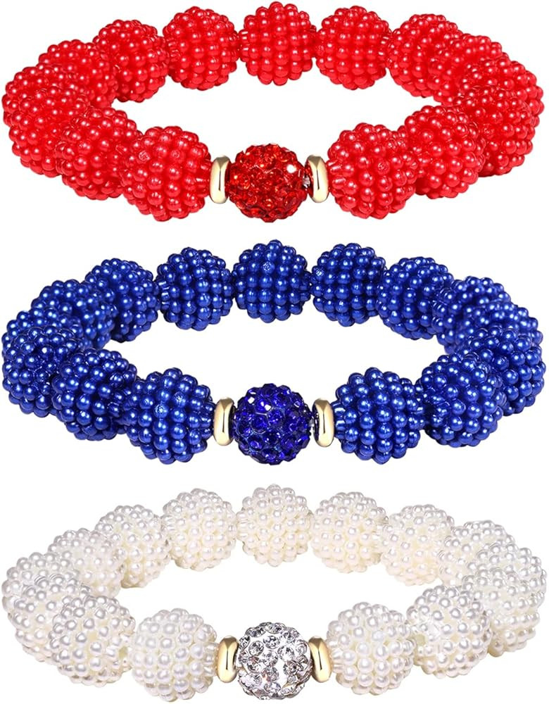 3PCS Independence Day Chunky Beaded Bracelets Patriotic 4th of July Beaded Bracelets Crystal Bead... | Amazon (US)