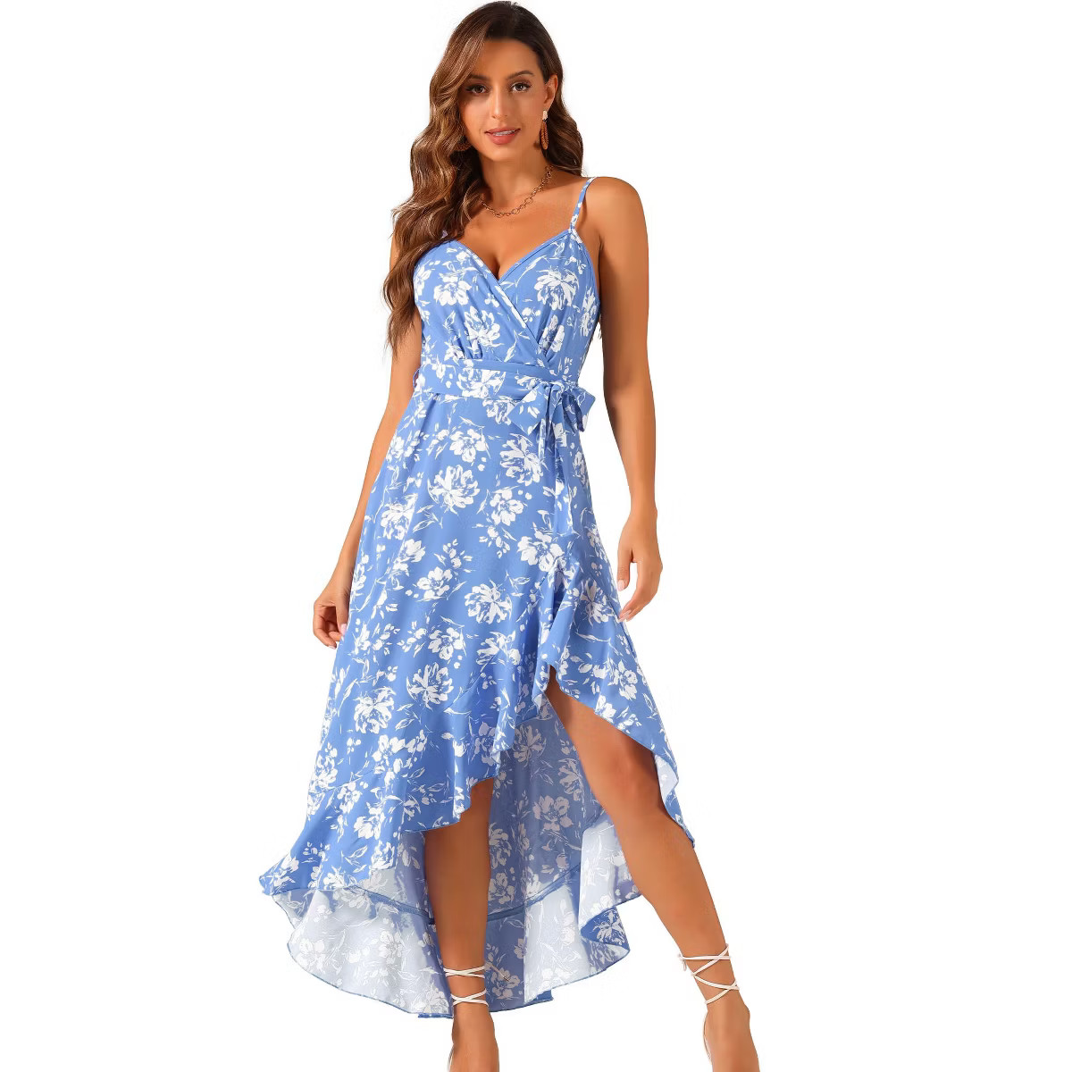 Allegra K Women's Floral Spaghetti Strap Wrap V Neck Ruffle High Low Hem Sleeveless Dress with Be... | Target