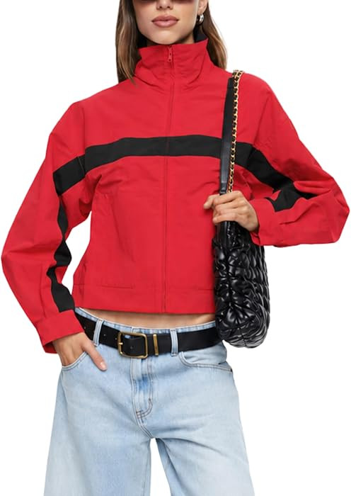 Lviefent Womens Cropped Jacket Color Block Stand Collar Windbreaker | Amazon (US)