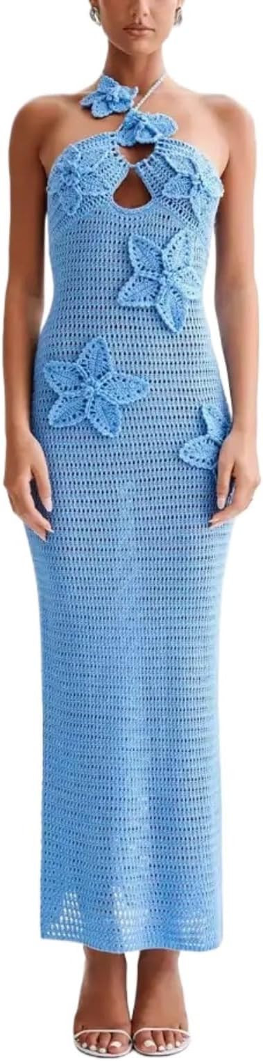 Summer 3D Flower Party Dresses Women's Halter Knitted Hollow Out Backless Dress Cover Up Holiday ... | Amazon (US)