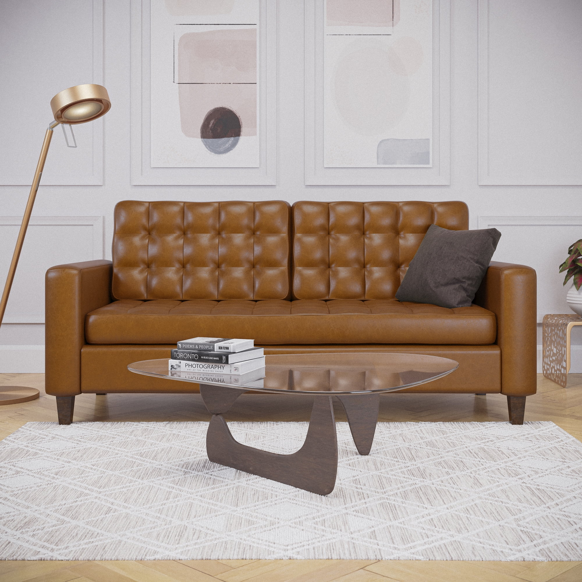 Mayview Carraway Upholstered Sofa with Tufting, Camel Faux Leather - Walmart.com | Walmart (US)