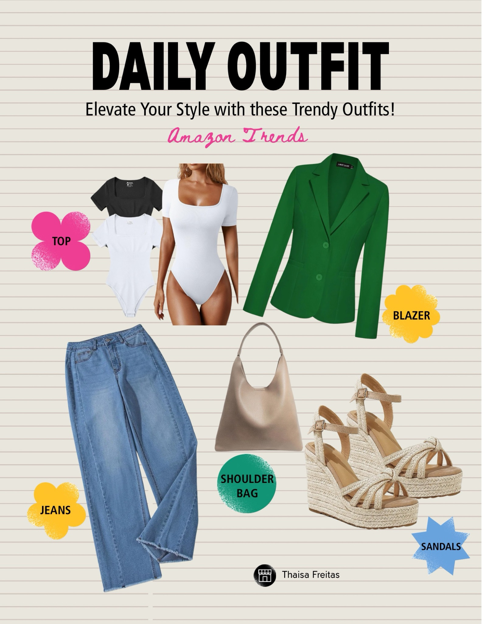 New Amazon trends for daily outfits are here! Check out my favorites: bodysuit, blazer, wide-leg jeans, wedge sandals and a shoulder bag.

#LTKgrwm #LTKMothersDay #LTKdayinmylife