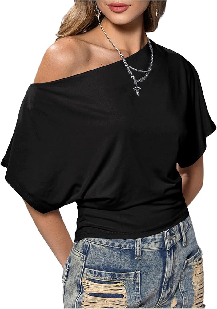 SweatyRocks Women's Off The Shoulder Crop Tops Asymmetrical Y2K Going Out Top Dolman Short Sleeve... | Amazon (US)
