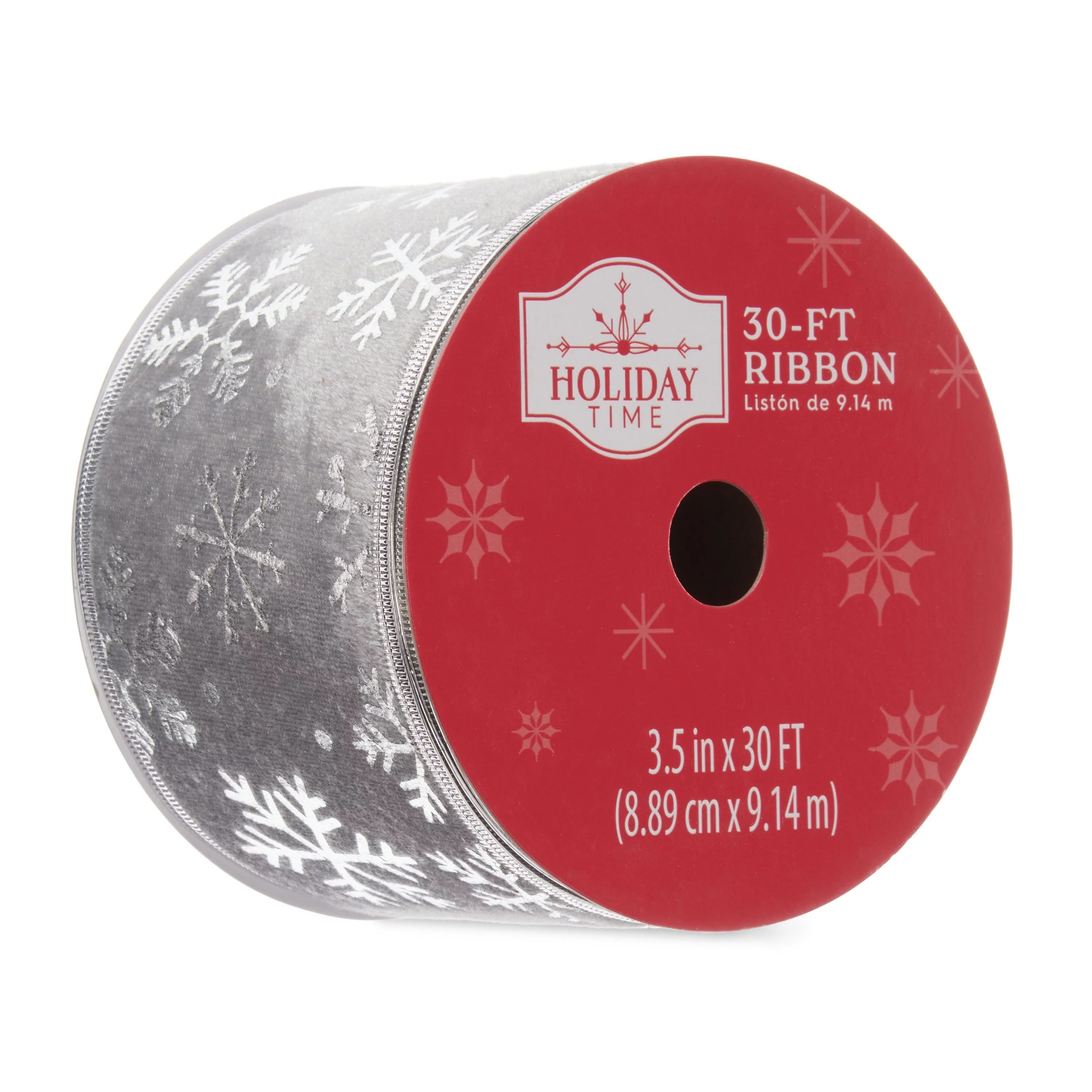 Holiday Time Ribbon, Silver Velvet with Silver Foil Poinsettia, 3.5" x 30' - Walmart.com | Walmart (US)