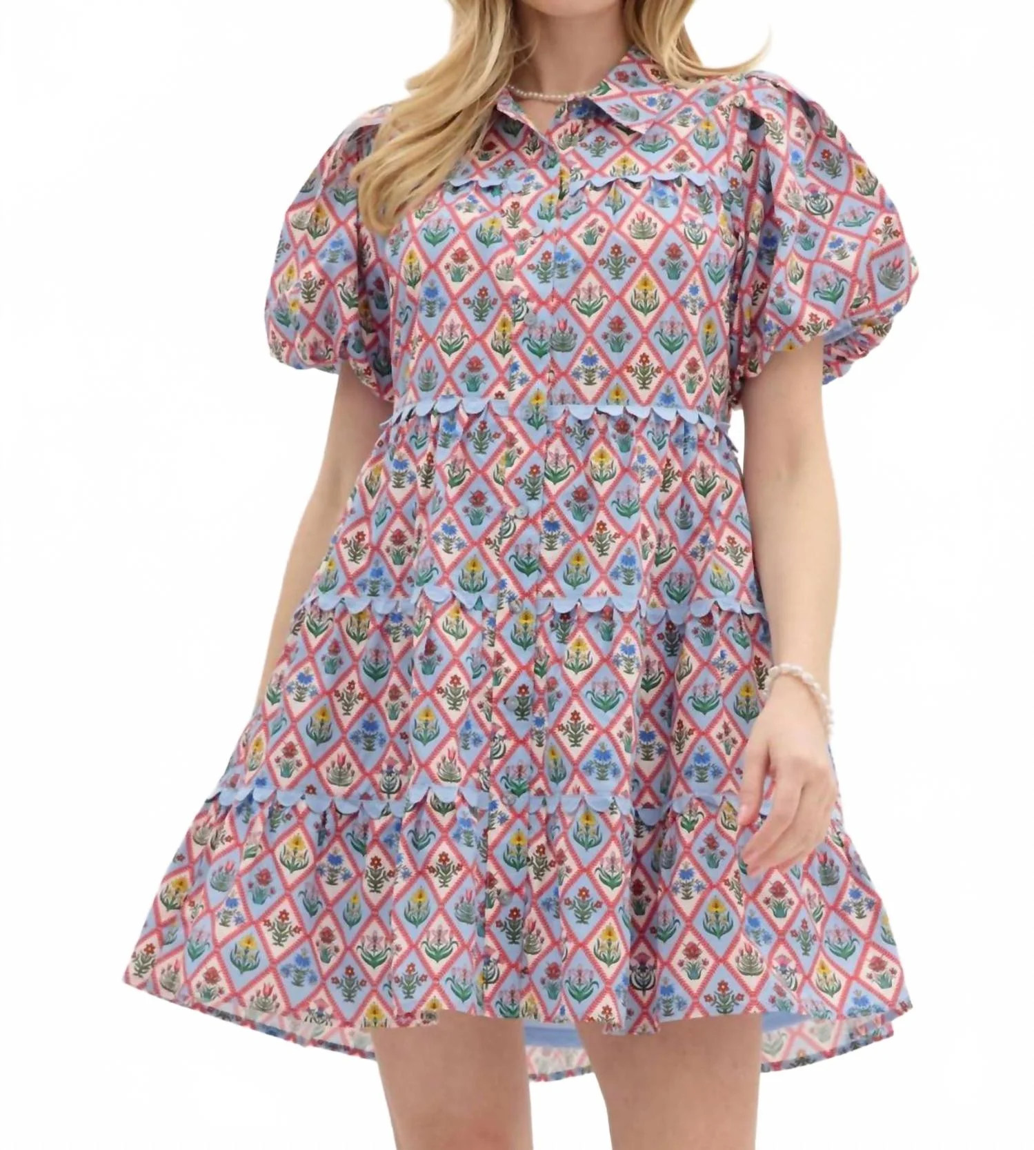 Floral Pattern Tiered Mini Dress In Blue | Shop Simon