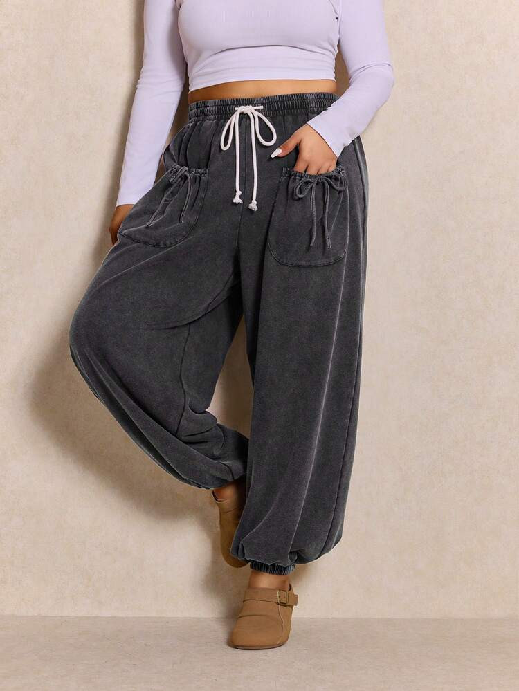 Elaquor Plus Size Casual Washed Distressed Dual Pocket Drawstring Waist Pants Casual For Women | SHEIN