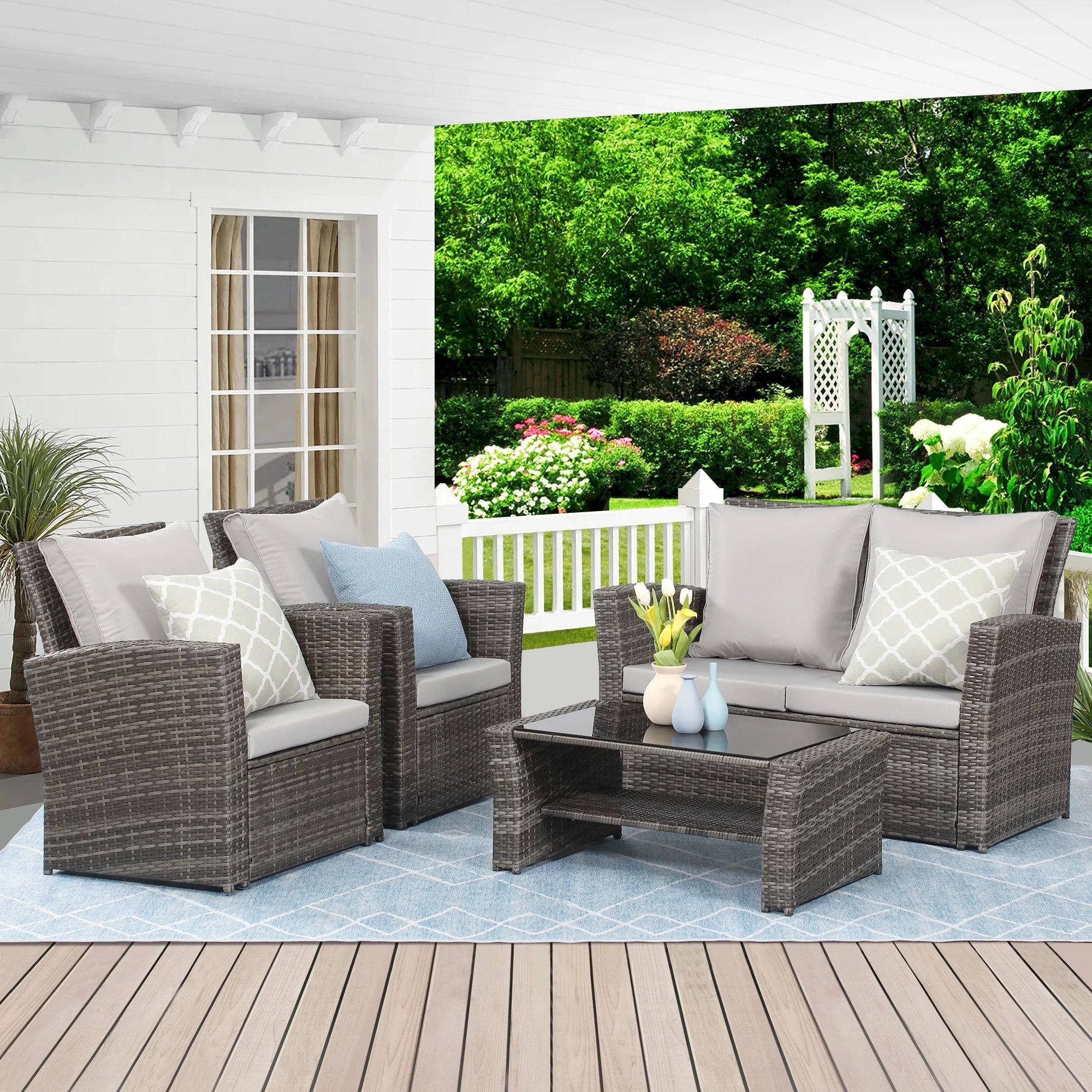 Superjoe 4 Pcs Outdoor Patio Furniture Sets, Wicker Rattan Conversation Set, Gray | Walmart (US)