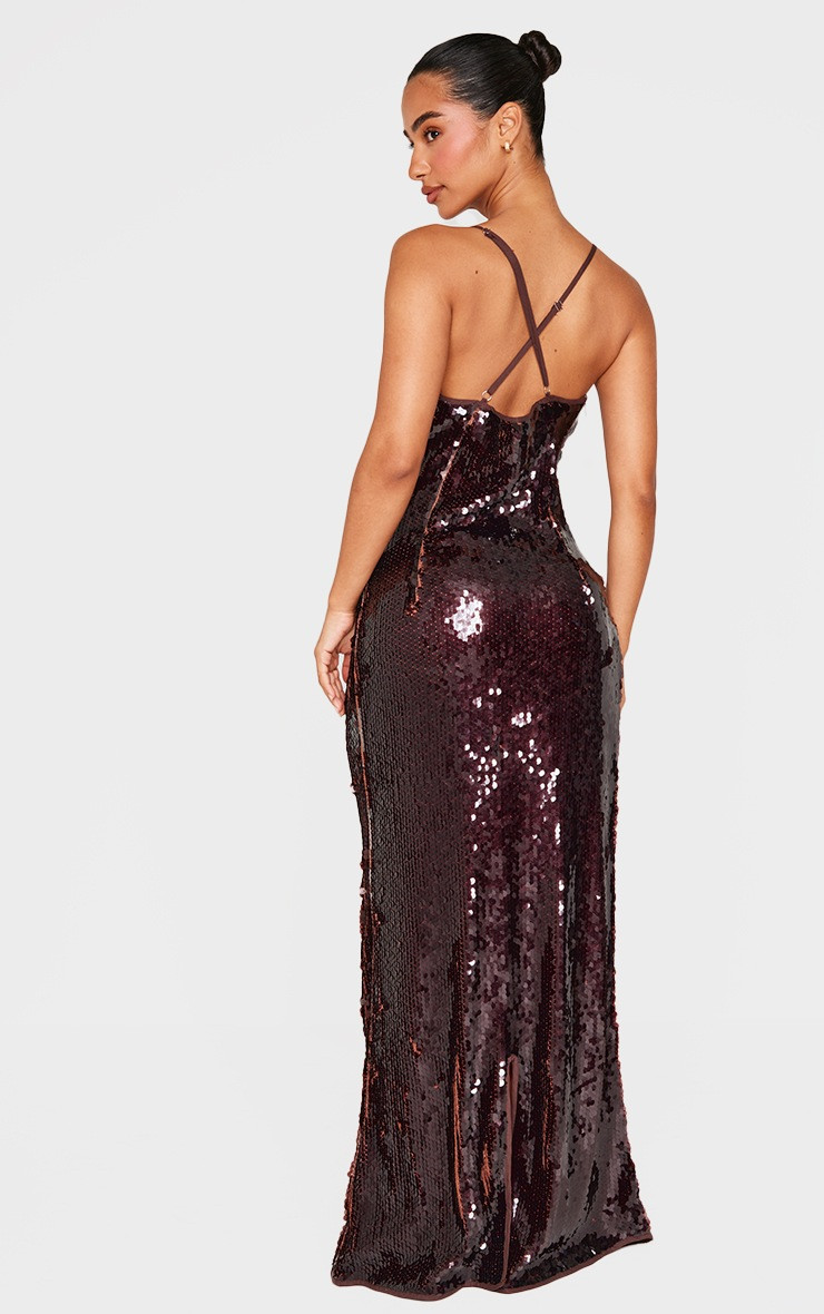 Petite Chocolate Cross Over Strap Sequin Maxi Dress | PrettyLittleThing UK
