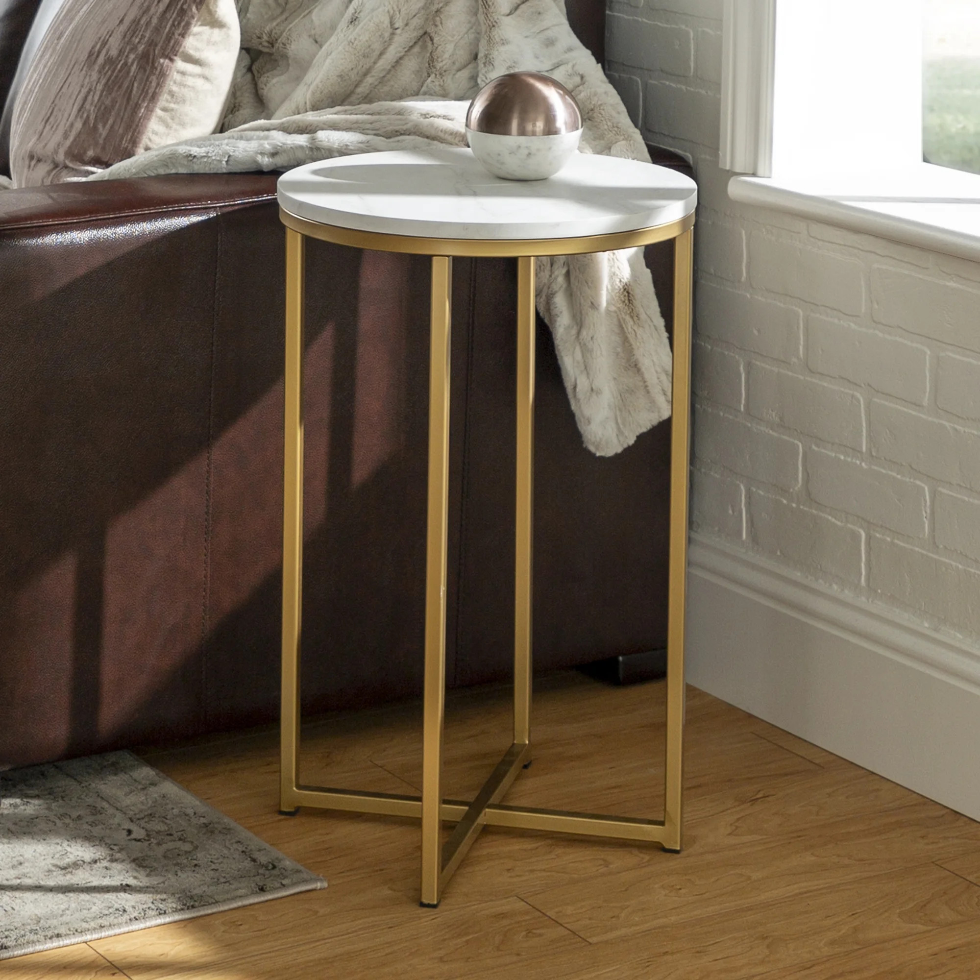 Daisy White Faux Marble and Gold Round End Table by Ember Interiors | Walmart (US)
