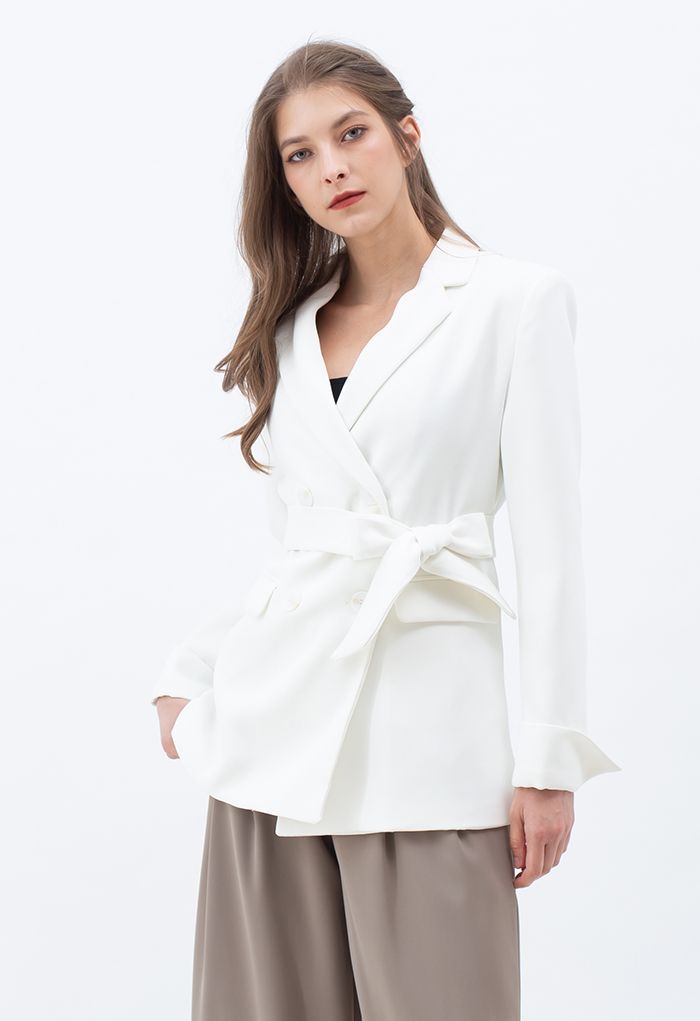 Self-Tied Bowknot Double-Breasted Blazer in White | Chicwish