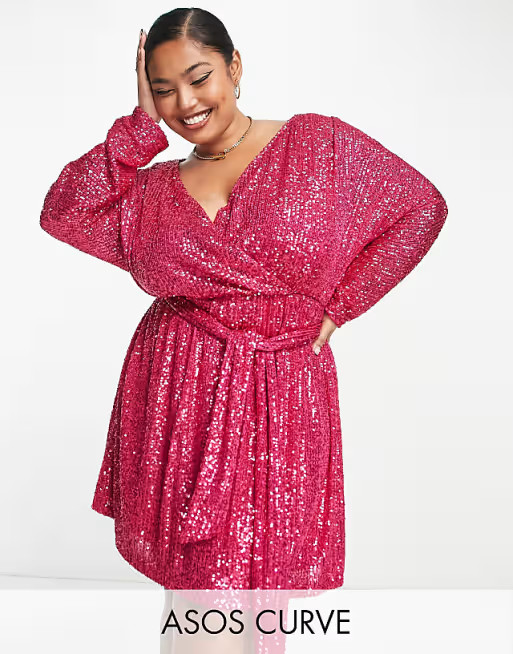 ASOS DESIGN Curve sequin wrap mini dress with belt in pink | ASOS (Global)