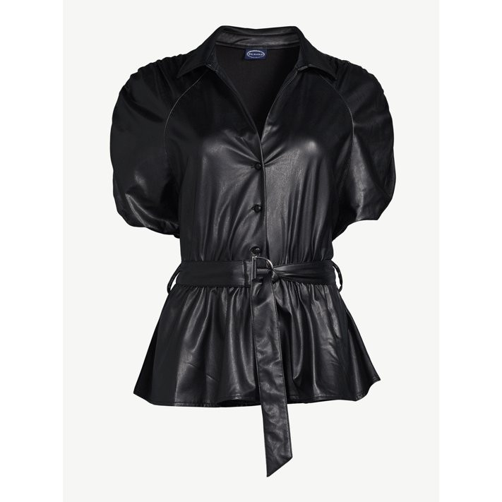 Scoop Women's Faux Leather Belted Peplum Top - Walmart.com | Walmart (US)