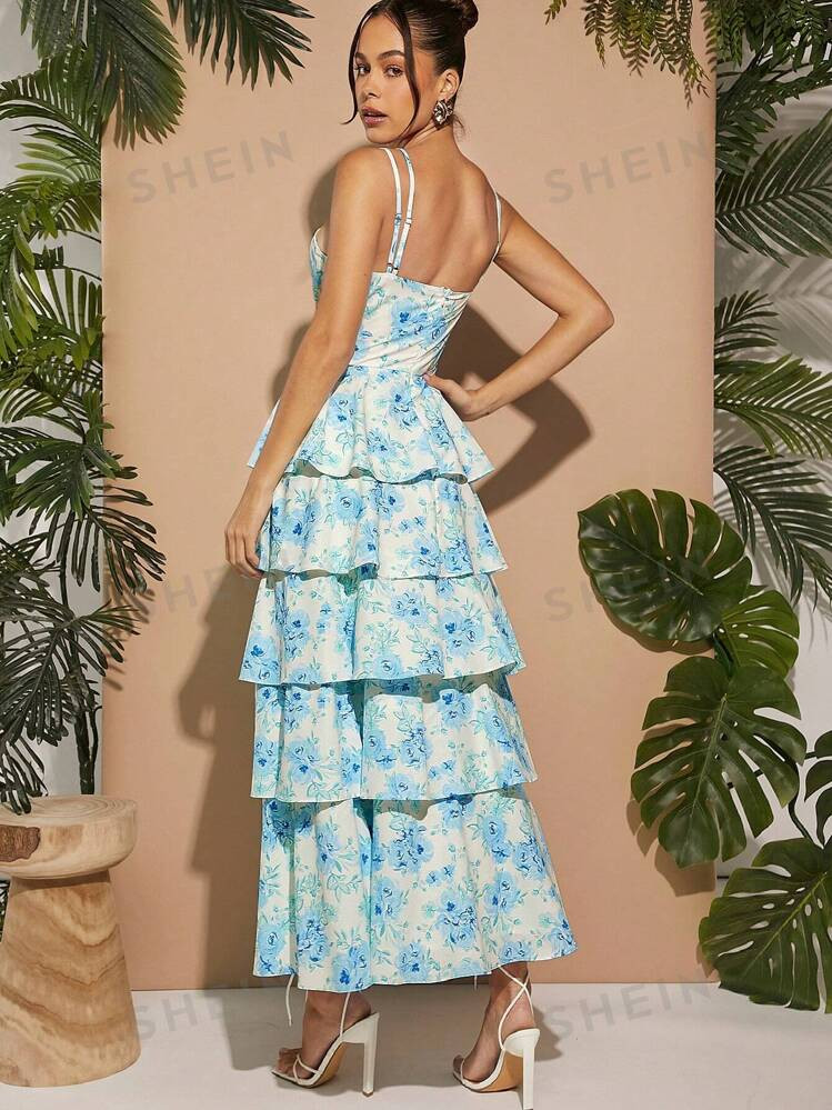 SHEIN Haute Floral Tiered Ruffle Split Maxi Dress | SHEIN
