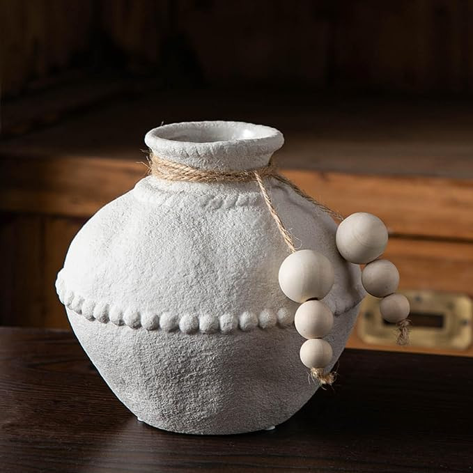 Rustic Ceramic Vase with Boho Wooden Beads, Matte Decorative Pottery for Modern Farmhouse and Boh... | Amazon (US)