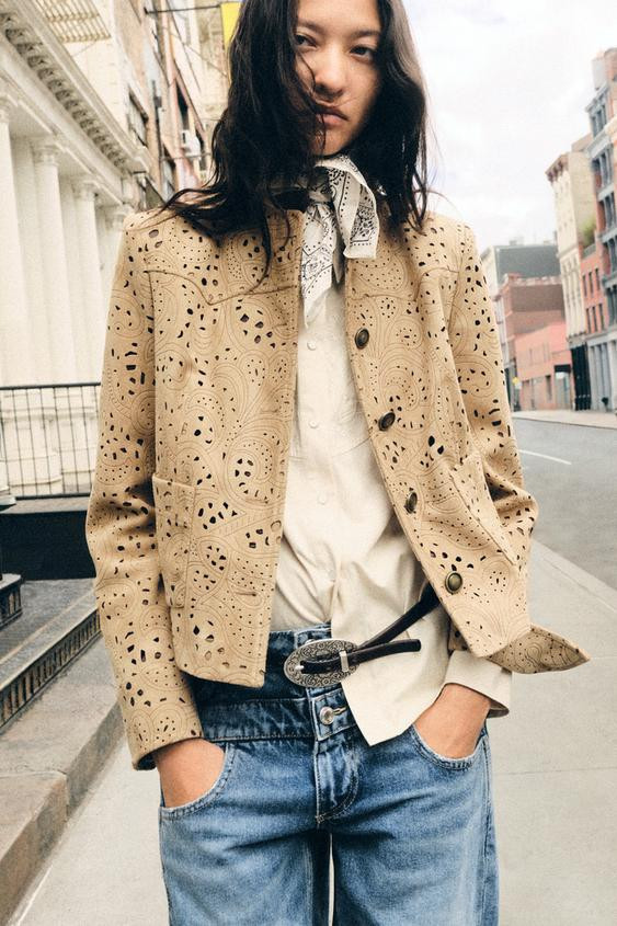 Zara - Faux Suede Perforated Blazer - Mid-Camel - L - Woman | Zara US