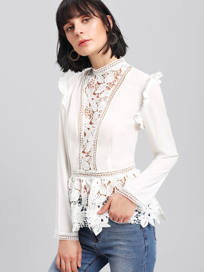 SHEIN Frilled Shoulder Lace Insert Peplum Top | SHEIN