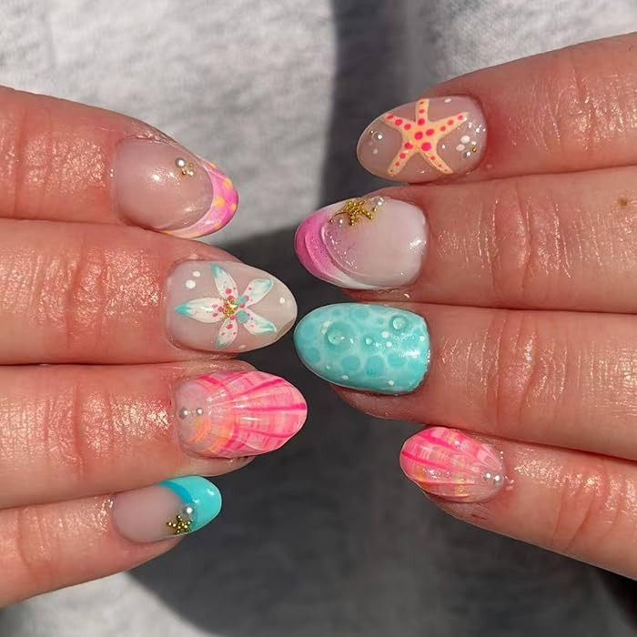 Summer Press on Nails, Nude Pink Medium Short Square Fake Nails with Starfish& Pearl Design, Glos... | Amazon (US)