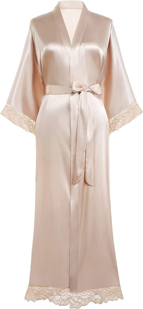 BABEYOND Satin Kimono Robe Silky Long Bridesmaid Wedding Lightweight Bath Robe with Lace Trim | Amazon (US)