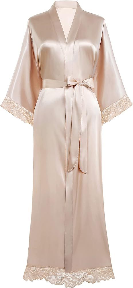 BABEYOND Satin Kimono Robe Long Bridesmaid Wedding Bath Robe with Lace Trim | Amazon (US)