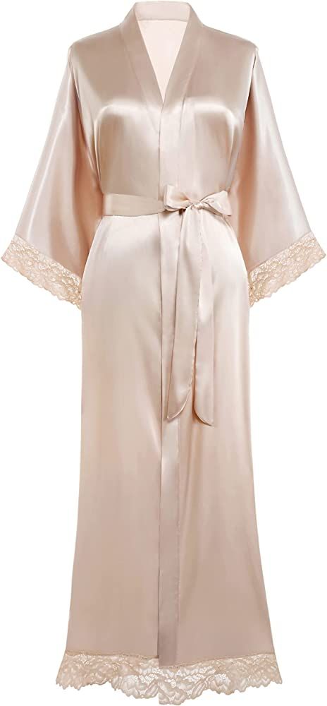 BABEYOND Satin Kimono Robe Long Bridesmaid Wedding Bath Robe with Lace Trim | Amazon (US)