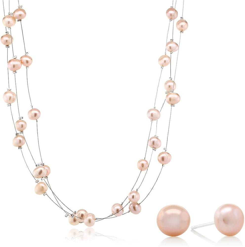 Gem Stone King 3-Row 7-8MM Pink Cultured Freshwater Pearl 18 Inch Necklace and Earrings Jewelry S... | Amazon (US)