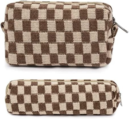 SOIDRAM Makeup Bag Checkered Cosmetic Bag Brown Makeup Pouch 1Pcs Large Capacity Makeup Bags and ... | Amazon (US)