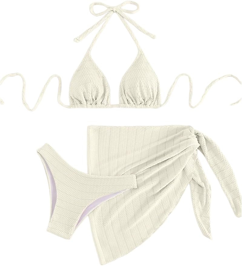 SHENHE Women's 3 Piece Textured High Cut Halter Triangle Bikini Swimsuit with Cover Up | Amazon (US)