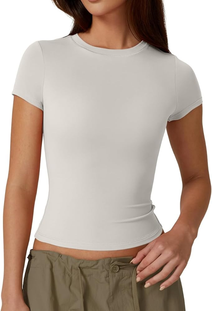QINSEN Women's Crew Neck Short Sleeve Double-Layer Tops Basic Slim Fit Going Out T Shirt | Amazon (US)