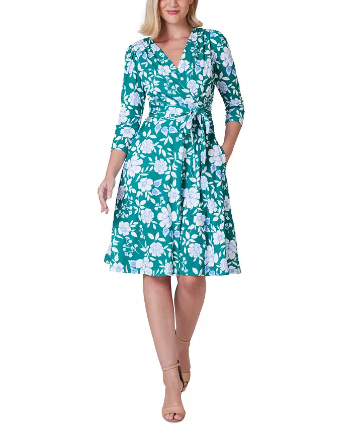 Jessica Howard Women's Floral-Print 3/4-Sleeve Wrap Dress - Macy's | Macy's